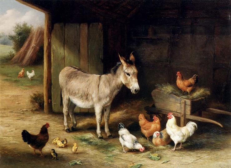 Zwierzątka domowe - Hunt_Edgar_Donkey_Hens_And_Chickens_In_A_Barn.jpg